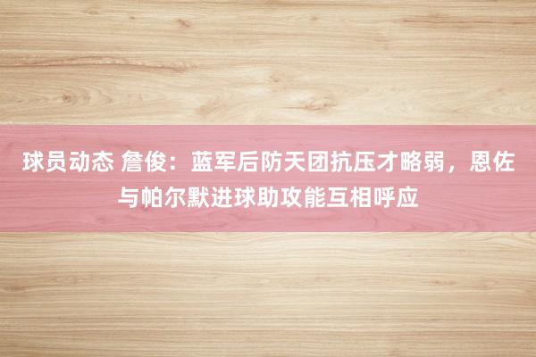 球员动态 詹俊：蓝军后防天团抗压才略弱，恩佐与帕尔默进球助攻能互相呼应